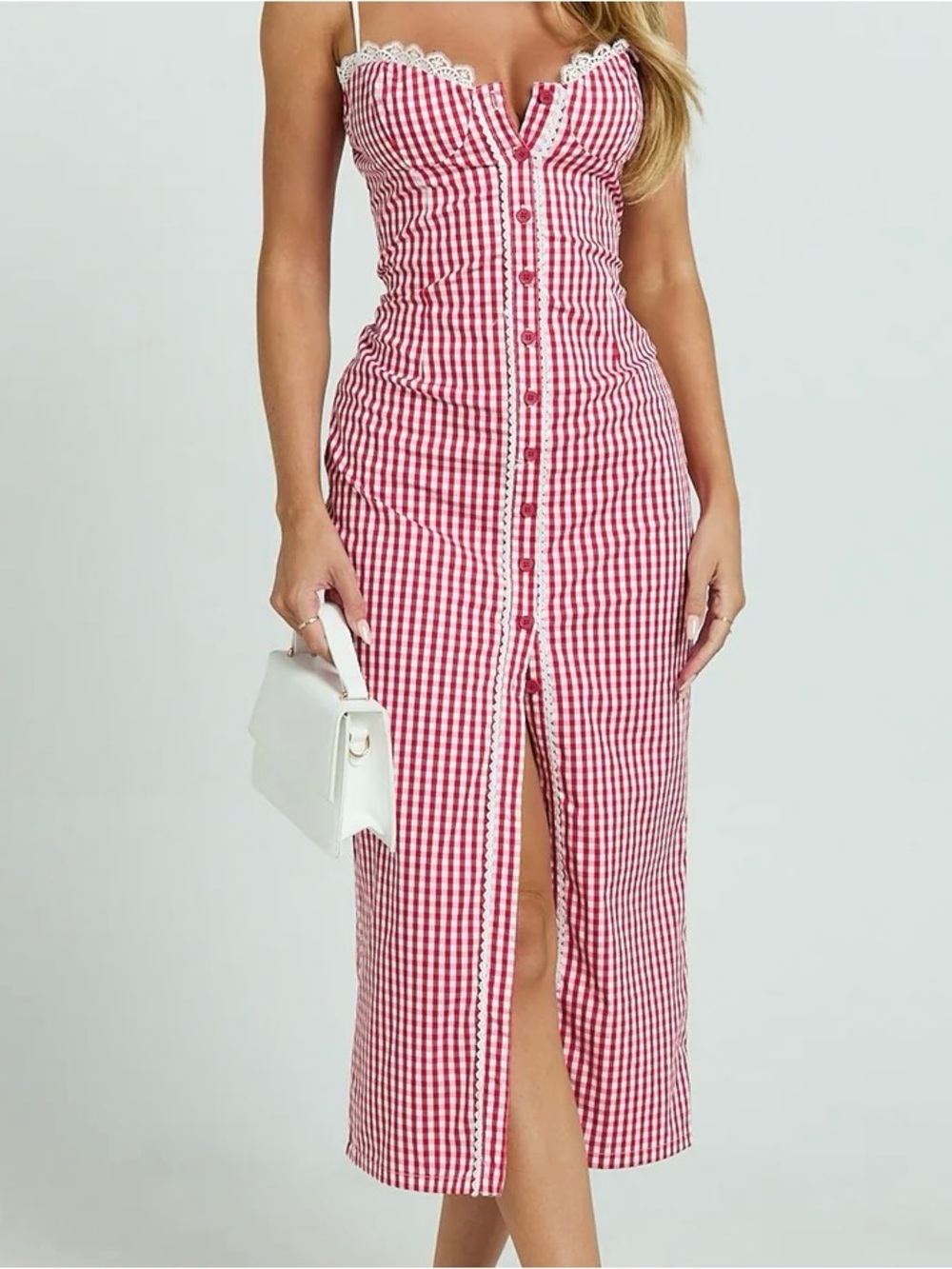 Showpo Red and White Gingham Button-Front Midi Dress